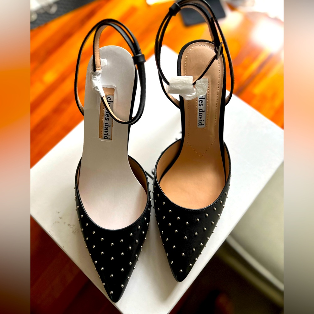 Charles David Azalea Black Leather Silver Stud Ankle Strap Heels- size 8
